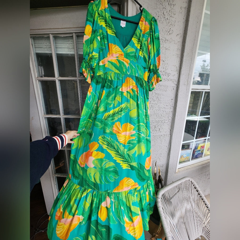 Soi Paris Green Tropical Rio Floral Jungle Maxi Dress Sz 38 Medium - Picture 4 of 8